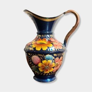 Vtg Hand Painted Blue Floral Asian Enamel Cloisonné Small Copper Pitcher Vase
